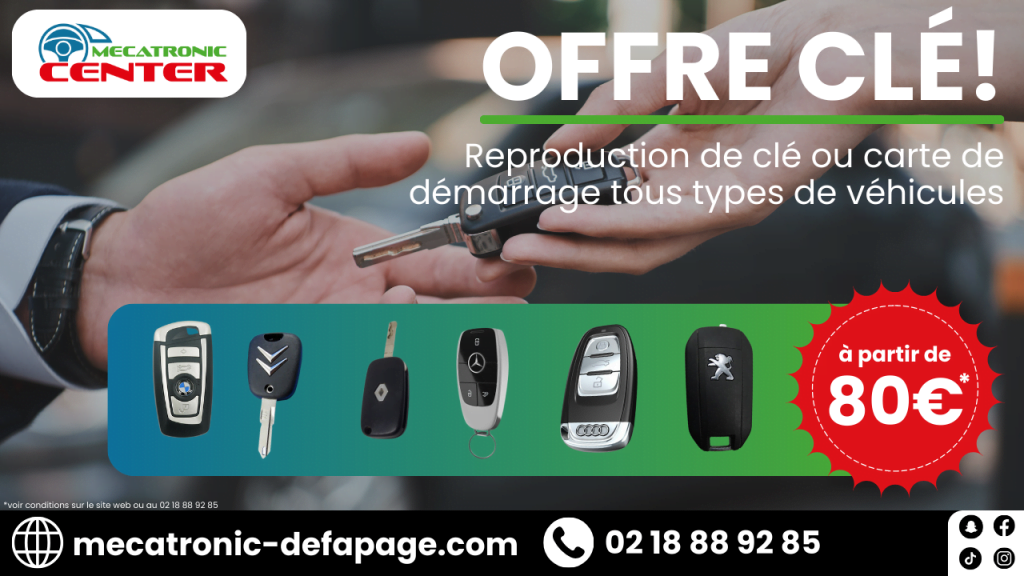 Image promotionnelle de Meca Tronic Center, spécialisée dans la reproduction de clés et cartes de démarrage pour divers véhicules tels que Peugeot, Lamborghini, Renault, Nissan, Volvo, Porsche, Ford, Lexus, Haval, Land Rover, Hyundai, Opel, Suzuki, Mini, Seat, Fiat, Dacia, Jeep, etc. Le centre offre une expertise de 10 ans en électronique automobile avec des services à partir de 80€.