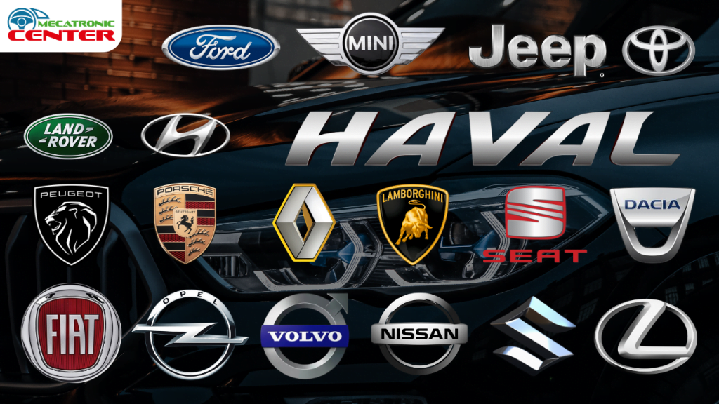 Clés et cartes de démarrage de différents véhicules avec logos de marques automobiles comme Peugeot, Lamborghini, Renault, Nissan, Volvo, Porsche, Ford, Lexus, Haval, Land Rover, Hyundai, Opel, Suzuki, Mini, Seat, Fiat, Dacia, et Jeep. L'image illustre les marques pour lesquelles Meca Tronic Center propose des services de reproduction de clés.